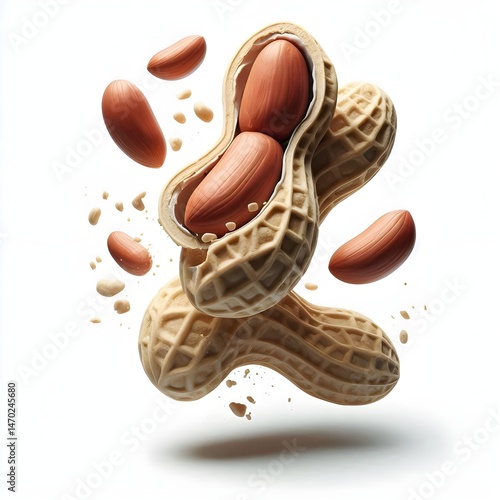 Peanut shells cracking open revealing roasted kernels floating in air a delicious snack food ingredient healthy protein source culinary delight raw agriculture harvest legume groundnut botanical