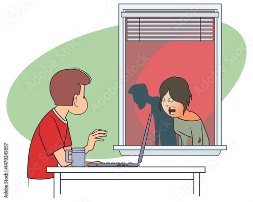 Guy looks at zombies walking past window.