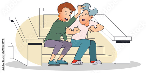 Girl and boy are fooling near house.