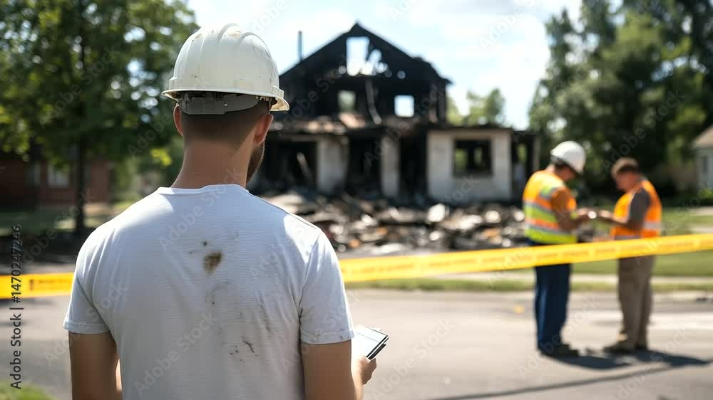 A destroyed house surrounded by caution tape, its burnt roof sagging, and insurance adjusters taking notes, emphasizing the claim process. A destroyed house surrounded by caution tape, its burnt roof sagging, and insurance adjusters taking notes, emphasizing the claim process.