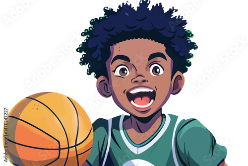 Young African American boy holding basketball with joyful expression, symbolizing youth, play, sports passion, and active lifestyle. Isolated on white, perfect for sport, kids, and motivation vector