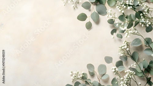 Delicate eucalyptus and baby's breath sprigs arranged on a light beige surface.