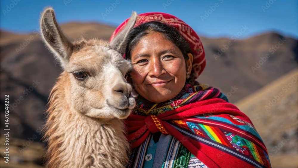 A woman dressed in traditional colorful clothing poses affectionately with a llama. They stand in a scenic mountainous area of Peru under a clear blue sky