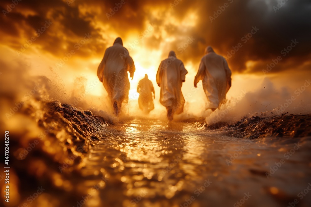 Figures walking towards a glowing horizon during a dramatic sunset in a misty landscape