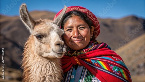 Obraz na płótnie A woman dressed in traditional colorful clothing poses affectionately with a llama. They stand in a scenic mountainous area of Peru under a clear blue sky w salonie