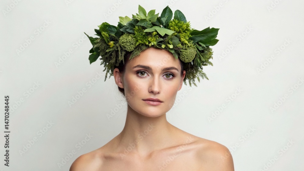 A model stands gracefully, wearing an intricate crown made of fresh leaves and flowers. The soft, neutral background emphasizes her natural beauty and the vibrant greenery