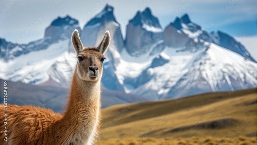 A llama stands gracefully on a grassy field, showcasing its unique features against a stunning backdrop of snow-capped mountains. The scene captures the natural beauty of Patagonia