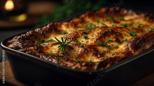 Delicious Oven-Baked Lasagna Topped with Golden Cheese and Fresh Herbs