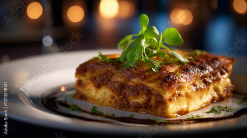 Lasagna Close-Up with Melting Cheese and Savory Filling