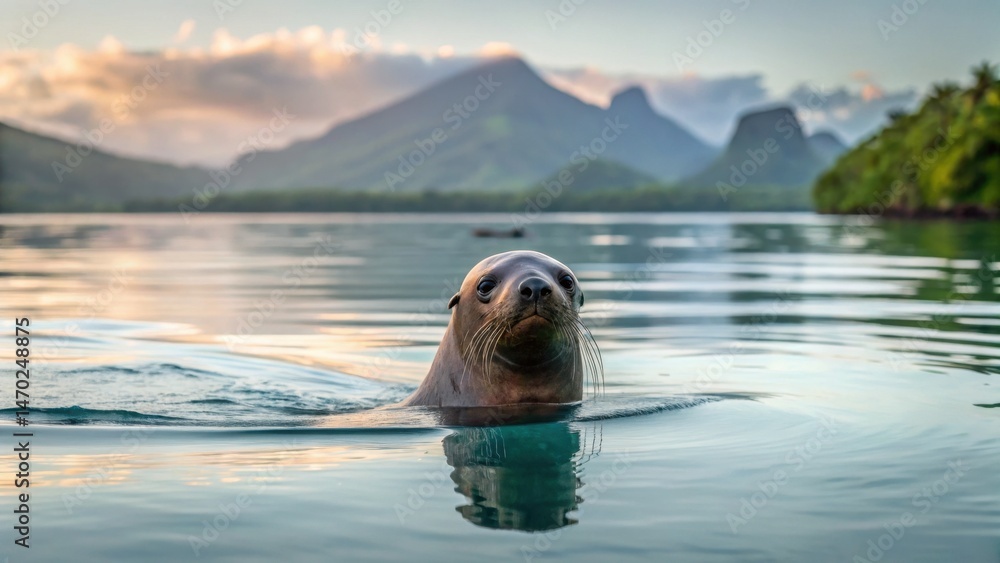 A seal emerges from the calm waters, surrounded by stunning mountain scenery at sunset. The serene environment highlights the beauty of nature and marine wildlife