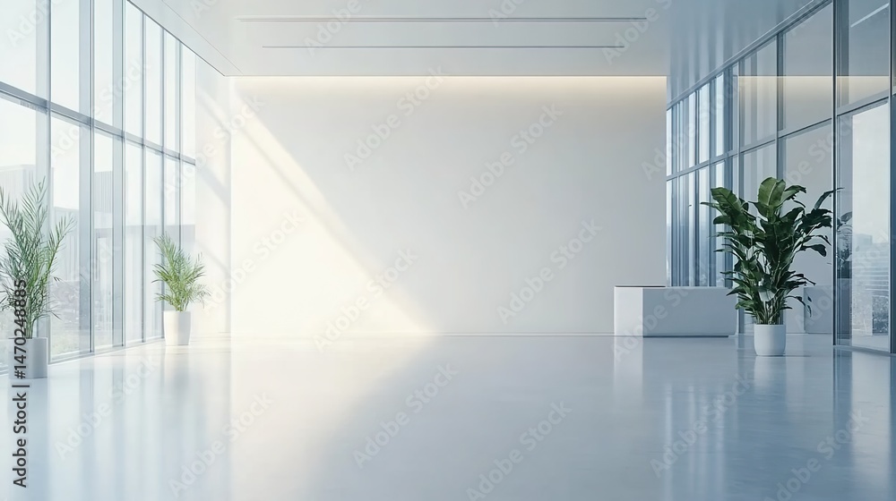Fototapeta premium Modern corridor with glass windows, white columns, potted plants, glossy floor.