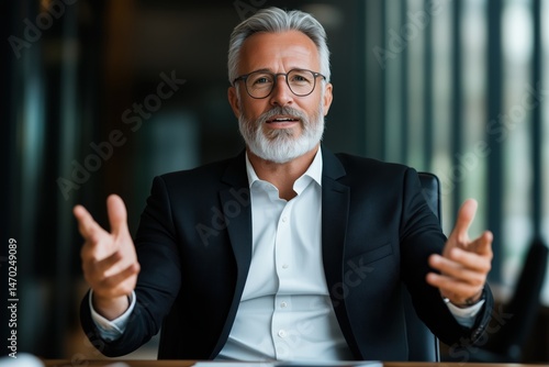 Obraz na płótnie Top-tier business strategist presents innovative ideas in luxury boardroom with city skyline view w salonie