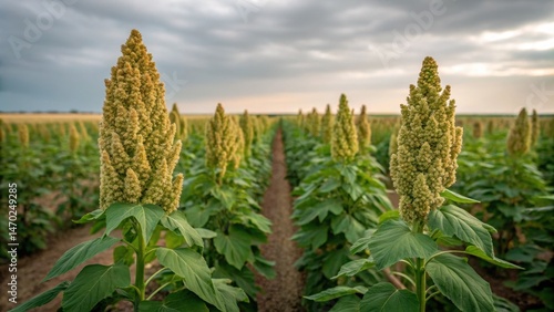 Obraz na płótnie Quinoa plants showcase their tall, golden blooms in a sprawling agricultural field during sunset. The dramatic sky adds beauty to the serene landscape w salonie
