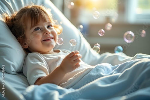Smiling child playing with bubbles in a hospital bed  