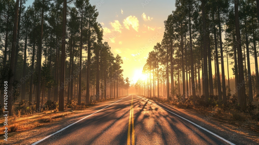 Fototapeta premium Sunset road through pine forest, hazy evening, peaceful scene, travel background