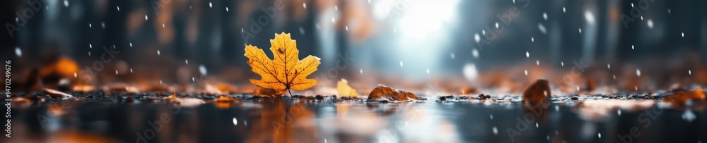 Autumn leaf resting on a wet surface amidst gentle rain under soft light in a serene forest setting