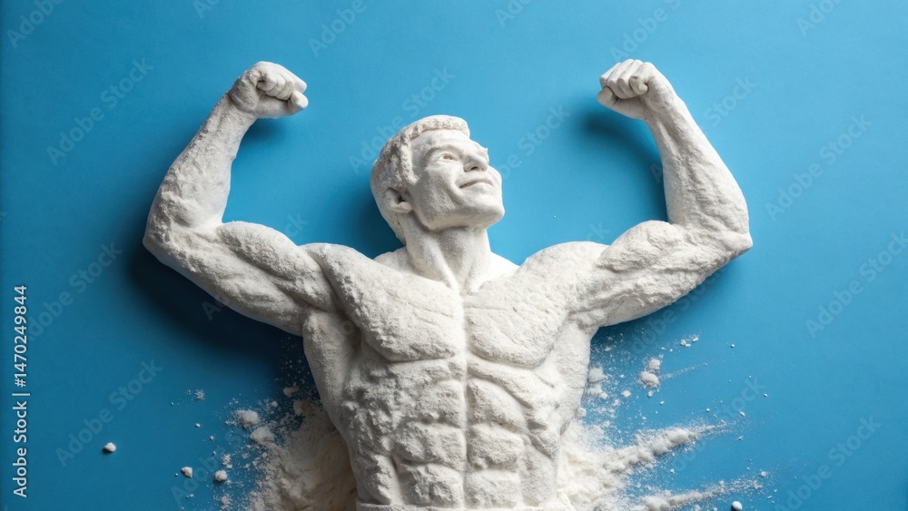 A protein muscular figure is creatively sculpted from white powder, striking a victorious pose with arms raised. The bright blue background enhances the artistic expression and details of the piece