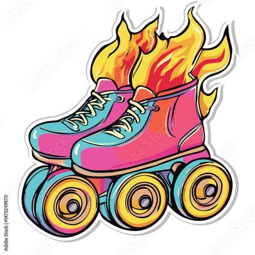 Retro Roller Skates On Fire Nostalgic Vector Illustration Graphic Design Element