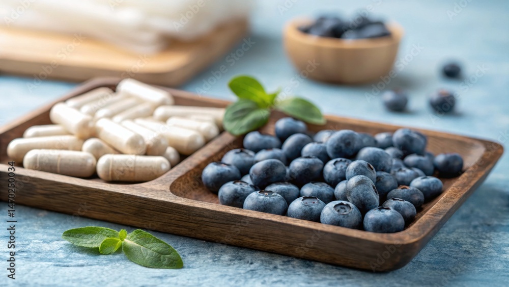 Blueberries and dietary supplements are arranged on a wooden tray in a bright kitchen. Fresh blueberries sit beside white capsules, showcasing health and wellness choices