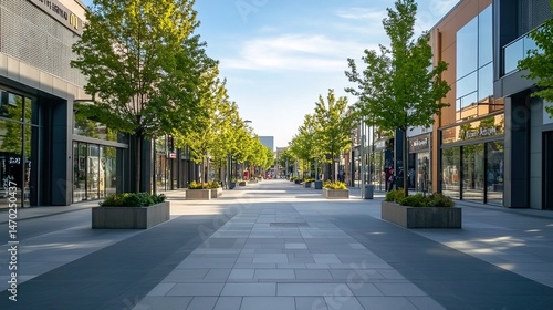 Modern pedestrian street with shops, geometric tiles, trees in flower beds.