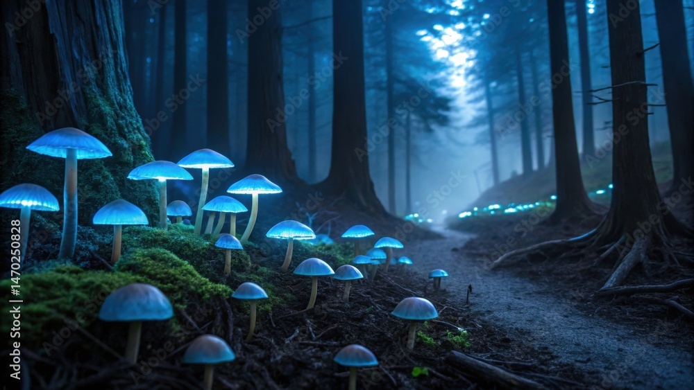 Glowing mushrooms line a winding forest path, casting ethereal blue light among the towering trees at twilight, creating a magical atmosphere perfect for exploration