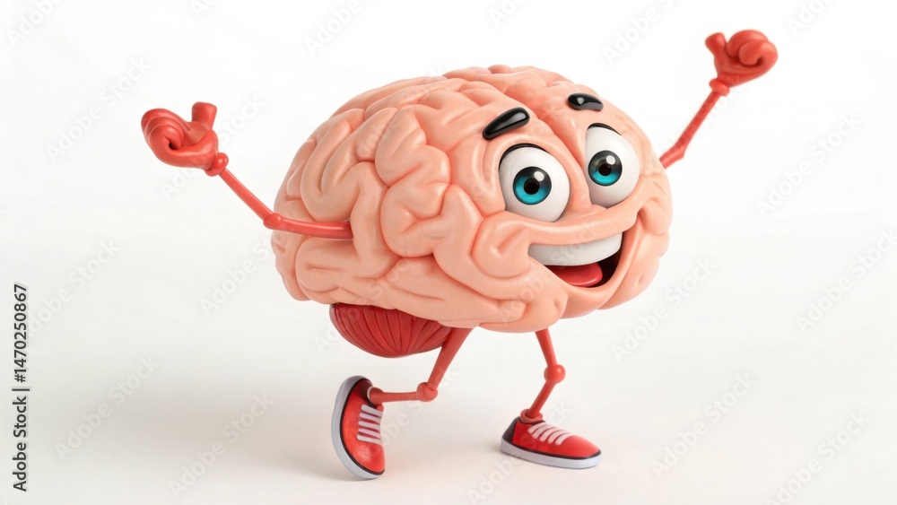 A vibrant cartoon brain character has a joyful expression with arms raised in celebration. The bright colors and playful design emphasize creativity, intelligence, and fun in learning