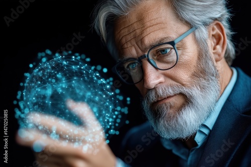 Visionary entrepreneur explores innovative projects in a modern office environment with cutting-edge technology and design