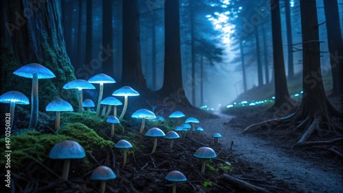 Obraz na płótnie Glowing mushrooms line a winding forest path, casting ethereal blue light among the towering trees at twilight, creating a magical atmosphere perfect for exploration w salonie
