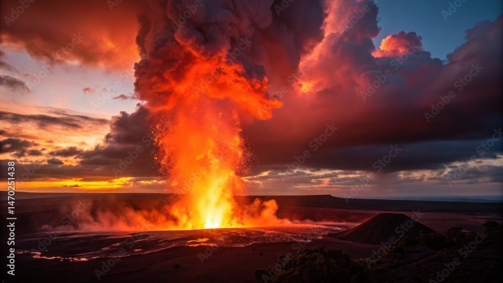 An explosive volcanic eruption lights up the sky with bright orange and red hues as sunset paints the surrounding clouds. This natural spectacle occurs in a remote lava-drenched area