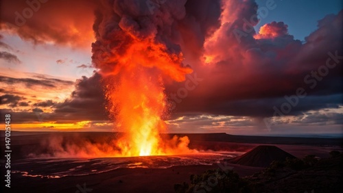 Obraz na płótnie An explosive volcanic eruption lights up the sky with bright orange and red hues as sunset paints the surrounding clouds. This natural spectacle occurs in a remote lava-drenched area w salonie