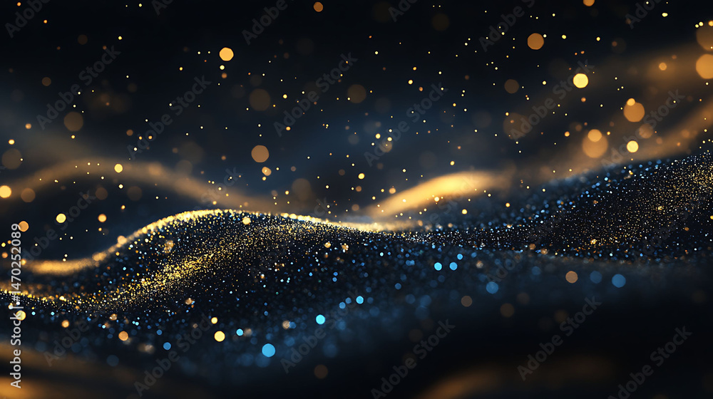 Fototapeta premium Realistic de-focused glitter background with flowing motion of golden dust trails and sapphire sparkles blending into deep shadows