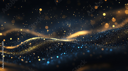 Realistic de-focused glitter background with flowing motion of golden dust trails and sapphire sparkles blending into deep shadows
