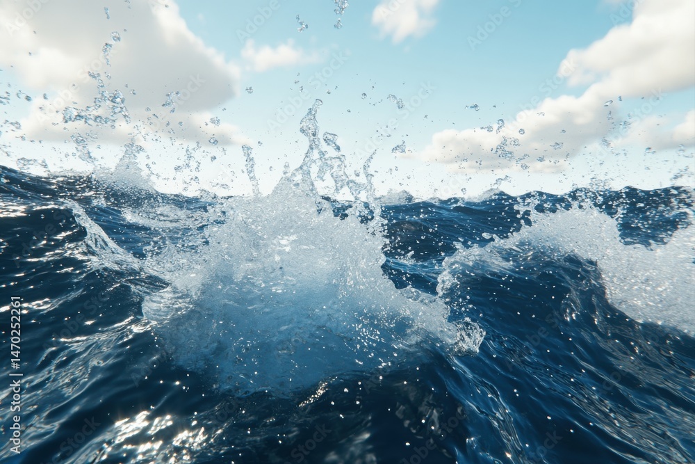 Obraz premium Powerful ocean waves crashing, water splashing high, bright sky