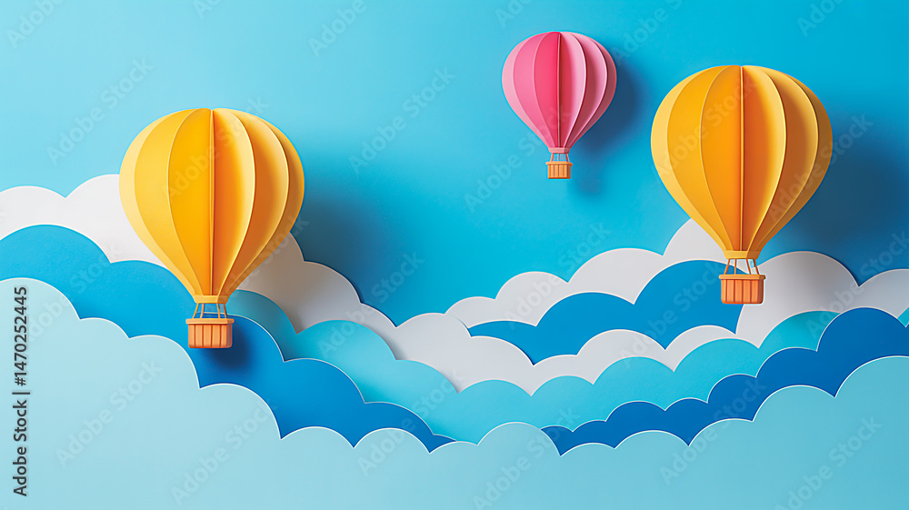 Fototapeta premium Beautiful fluffy clouds on blue sky background with colorful hot air balloons.Paper art