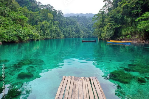Turquoise lake with wooden dock and lush forest photo