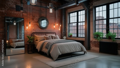 An industrial bedroom with exposed brick walls and concrete accents exudes urban charm. Pendant lights hang artfully above, a sleek bed rests calmly, and potted greenery softens the edgy aesthetic