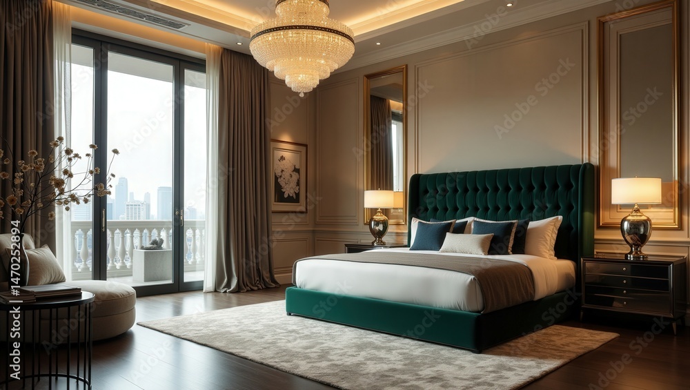 Fototapeta premium A luxurious bedroom with an emerald tufted bed, oversized chandelier, large windows framing city views, warm colors, plush seating, elegant nightlights, and floral accents exudes a timeless feel.