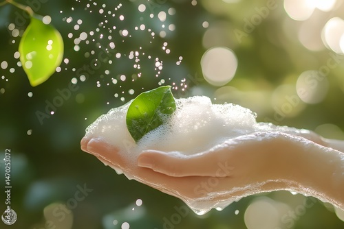 Macro shot features a gentle hand holding leaves covered in soap foam droplets.