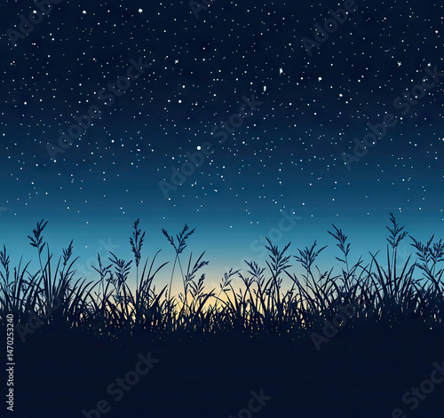 Silhouette of grassy field under a starry night sky illustrating serenity peacefulness and natural beauty scenic landscape.