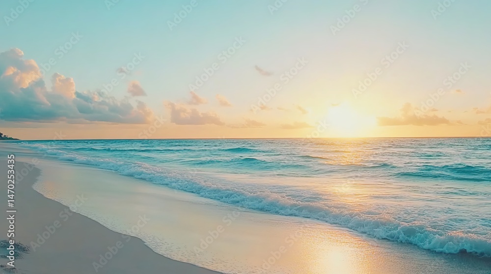 Obraz premium Seaside sunset with gentle waves, gradient sky, and distant clouds over sandy beach.