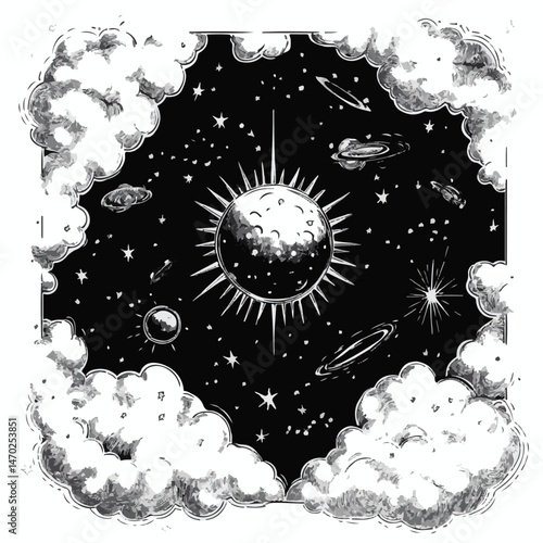 Celestial Fantasy Space With Planets Stars And Clouds Black And White Illustration