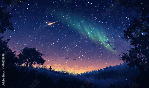 Beautiful anime style night sky scene with a shooting star and person silhouette overlooking landscape filled with trees.