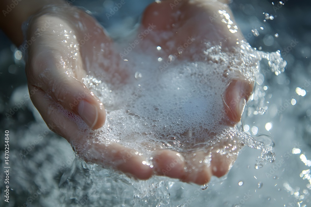 Fototapeta premium Hands gently cradle sparkling water, illuminated by soft light, evoking purity.