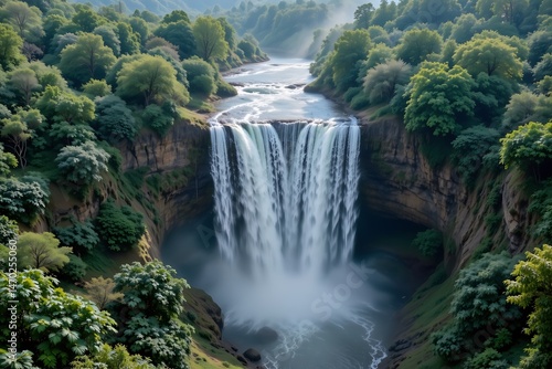 aerial drone view of a massive waterfall cascading into a jungle, misty spray, vibrant and wild, photorealistic, 8k resolution