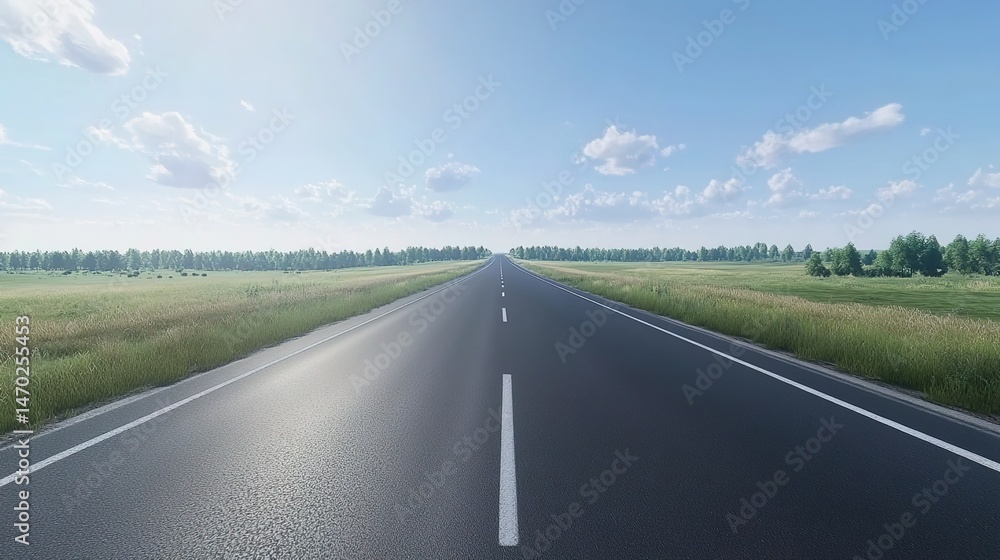 Fototapeta premium Straight asphalt road through green grasslands under sunny sky with distant trees.