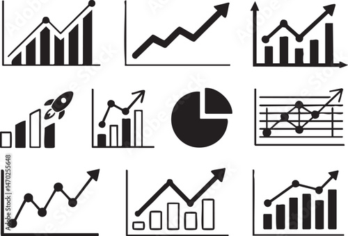 Growth Chart Icon Silhouettes Collection for Business Presentations, Financial Reports, Marketing Infographics, Data Visualization, Economic Forecasts, or Educational Materials