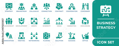 Business Strategy Icon Set. Includes icons of planning, goal setting, analysis, target, growth, and success. Perfect for presentations, infographics, and management tools.