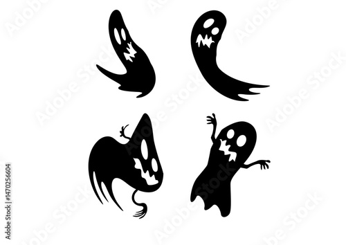 Vector Icons of Ghosts in Minimal Cartoon Style, Halloween-Themed Spooky and Funny Characters in Monochrome Design


