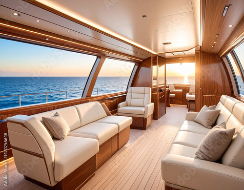 Elegant interior of a luxury yacht with white leather seating and wooden details, offering a panoramic ocean view at sunset. Serene and sophisticated space for travel and relaxation.