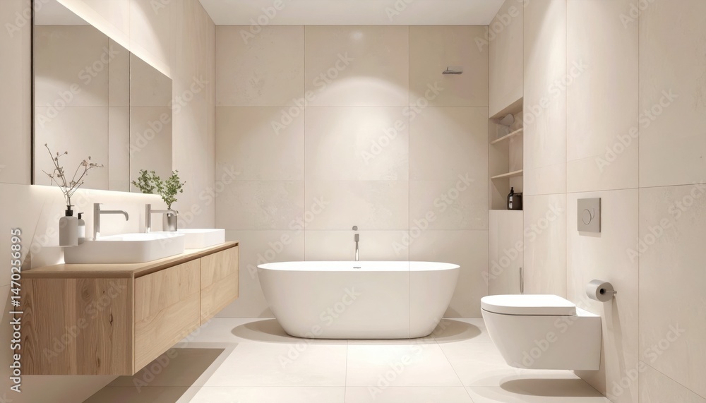 Modern Minimalist Bathroom Design featuring a Freestanding Tub and Wooden Vanity Clean and Luxurious Interior Space Modern Minimalist Bathroom Design featuring a Freestanding Tub and Wooden Vanity Clean and Luxurious Interior Space